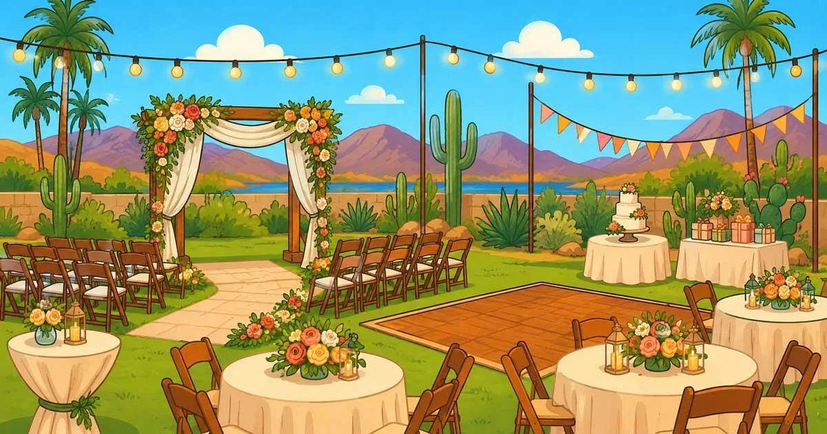 Backyard wedding rentals in Bullhead City with elegant outdoor seating, linens, lighting, and reception setup