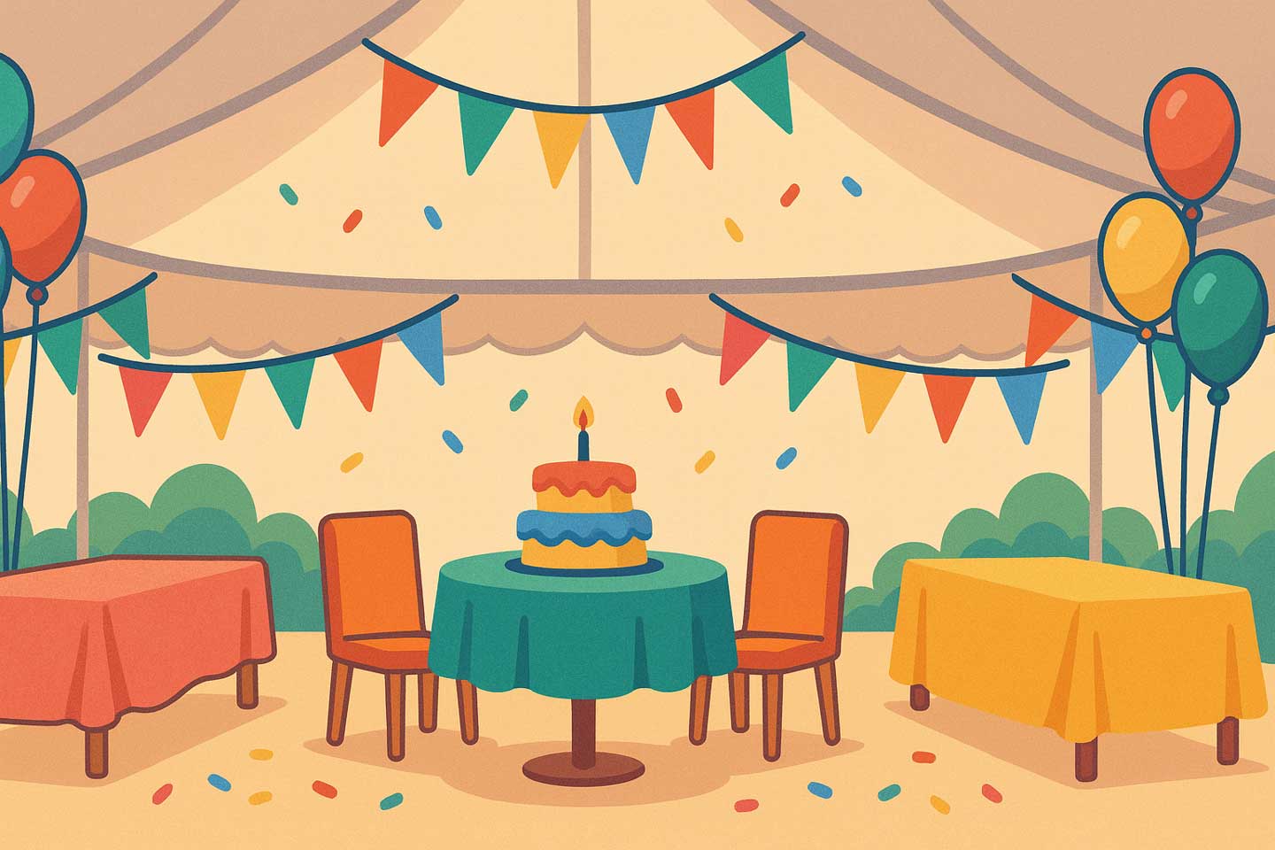 Festive scene showing a top-only party tent decorated with colorful pennant flags and balloons, set over tables and chairs with a tiered birthday cake and scattered confetti