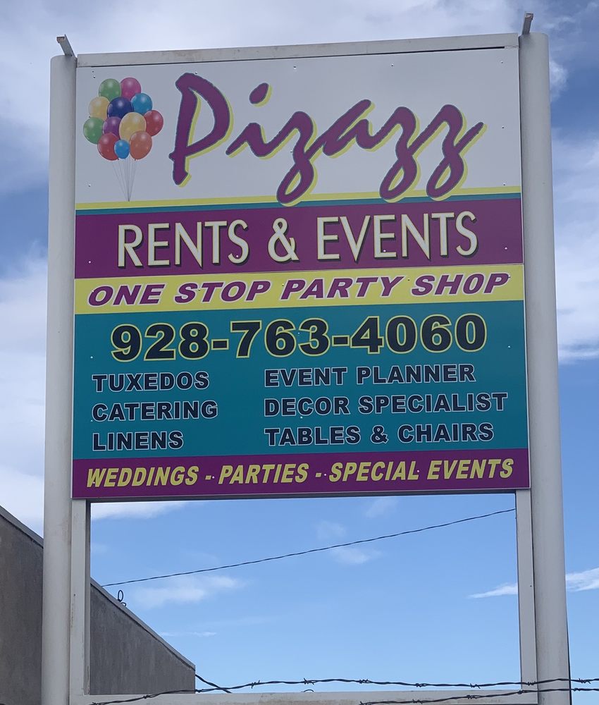 Party Pizazz Rents and Events storefront sign on Highway 95 in Bullhead City, AZ advertising tuxedos, catering, linens, event planning and tables and chairs