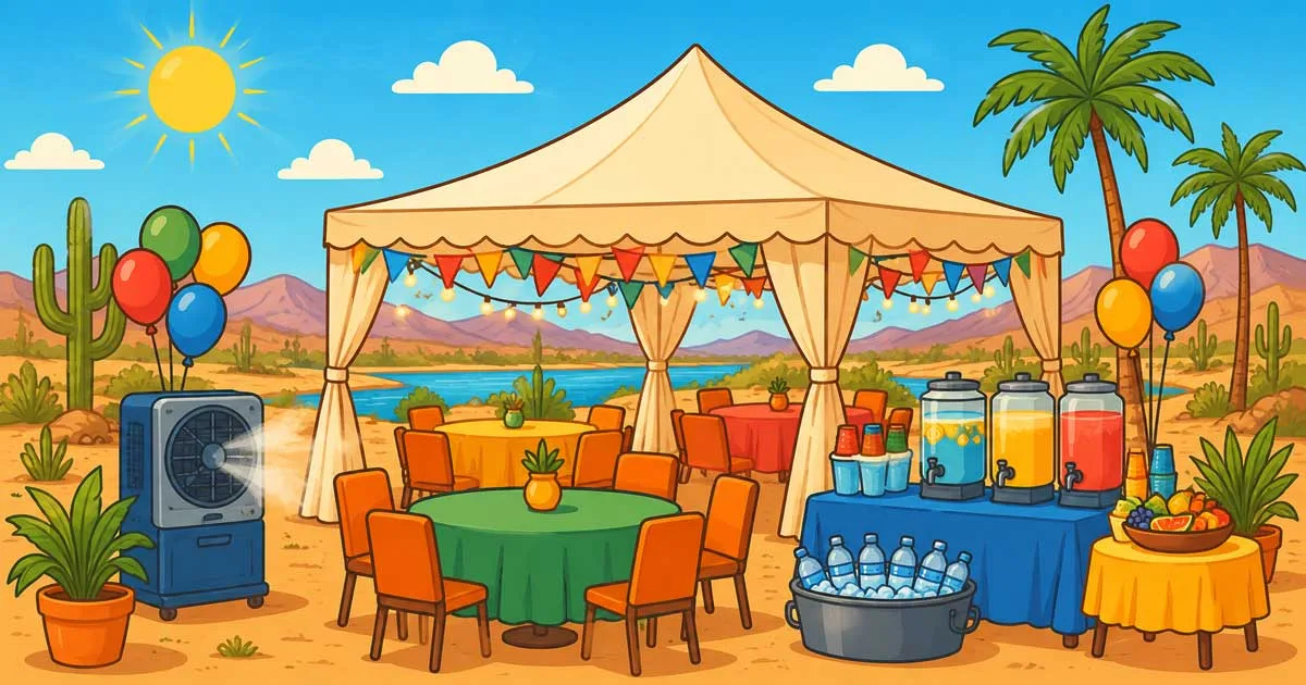 Outdoor party rentals in Bullhead City with shaded tables, chairs, and desert event setup