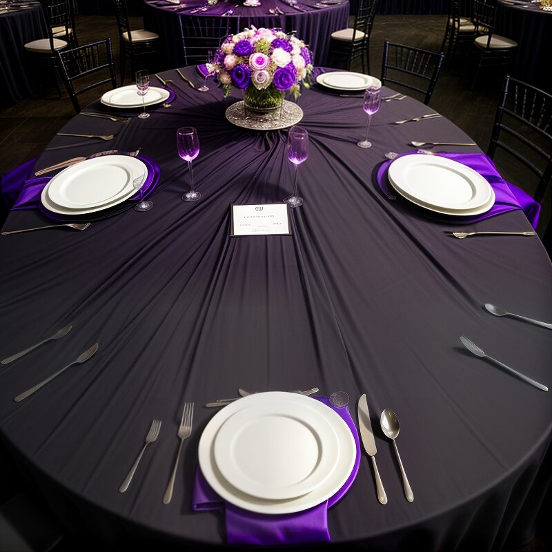 Round banquet table dressed in deep purple linen with chiavari chairs, plated settings and floral centerpiece by Party Pizazz