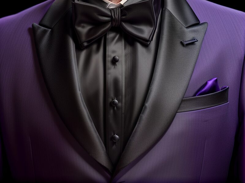 Purple tuxedo jacket with satin black peak lapels, black bow tie and purple pocket square from Jim's Formal Wear at Party Pizazz